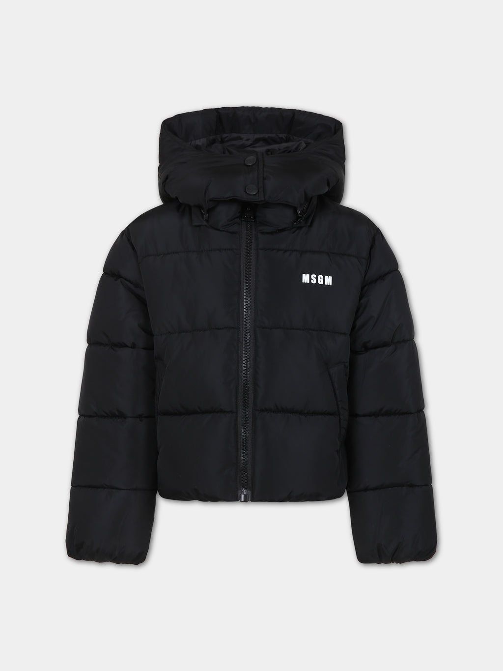 Black down jacket for girl with logo and star